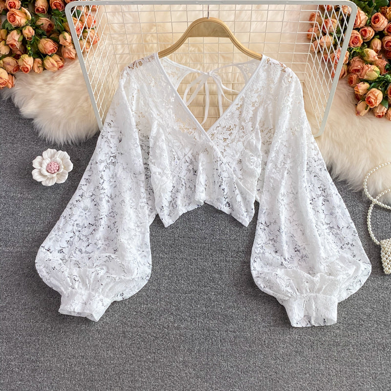 V-neck Open-back Cutout Crochet Lace Shirt