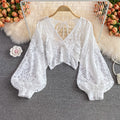 V-neck Open-back Cutout Crochet Lace Shirt