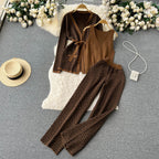 Printed Cardigan&Bottom Vest&Wide-leg Trousers
