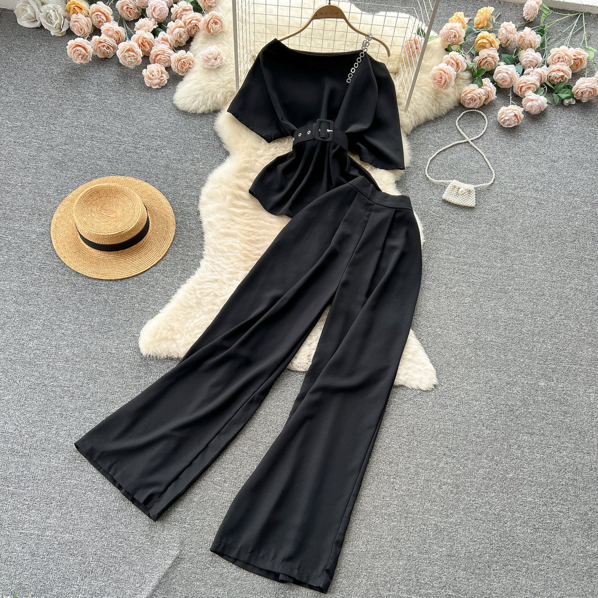 One-shoulder Top&Wide-legged Trousers 2Pcs