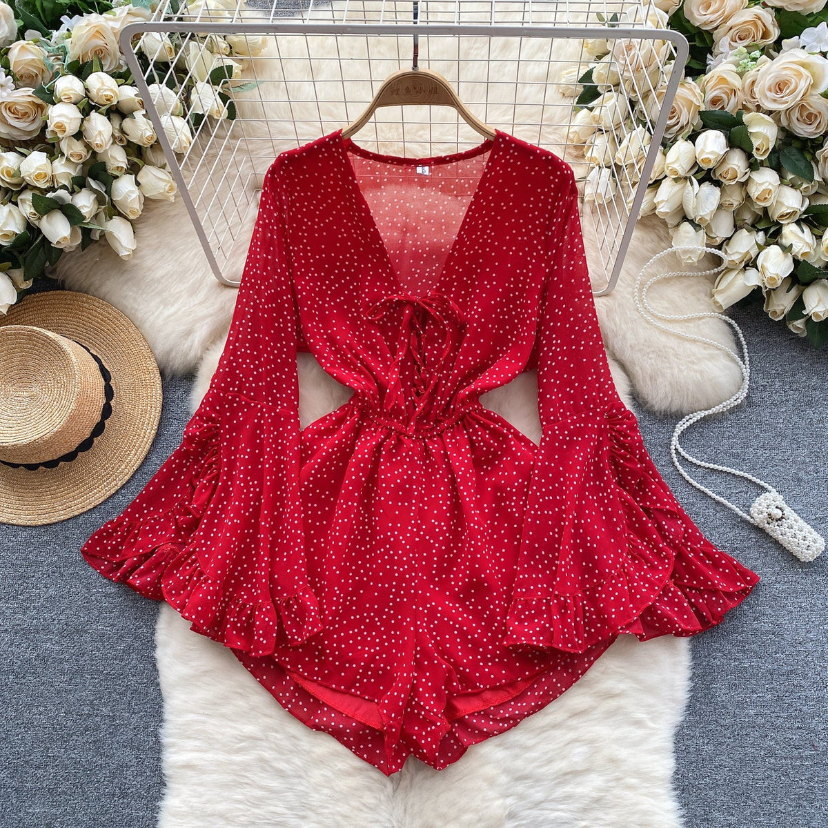 V-neck Lace-up Polka Dot Rompers