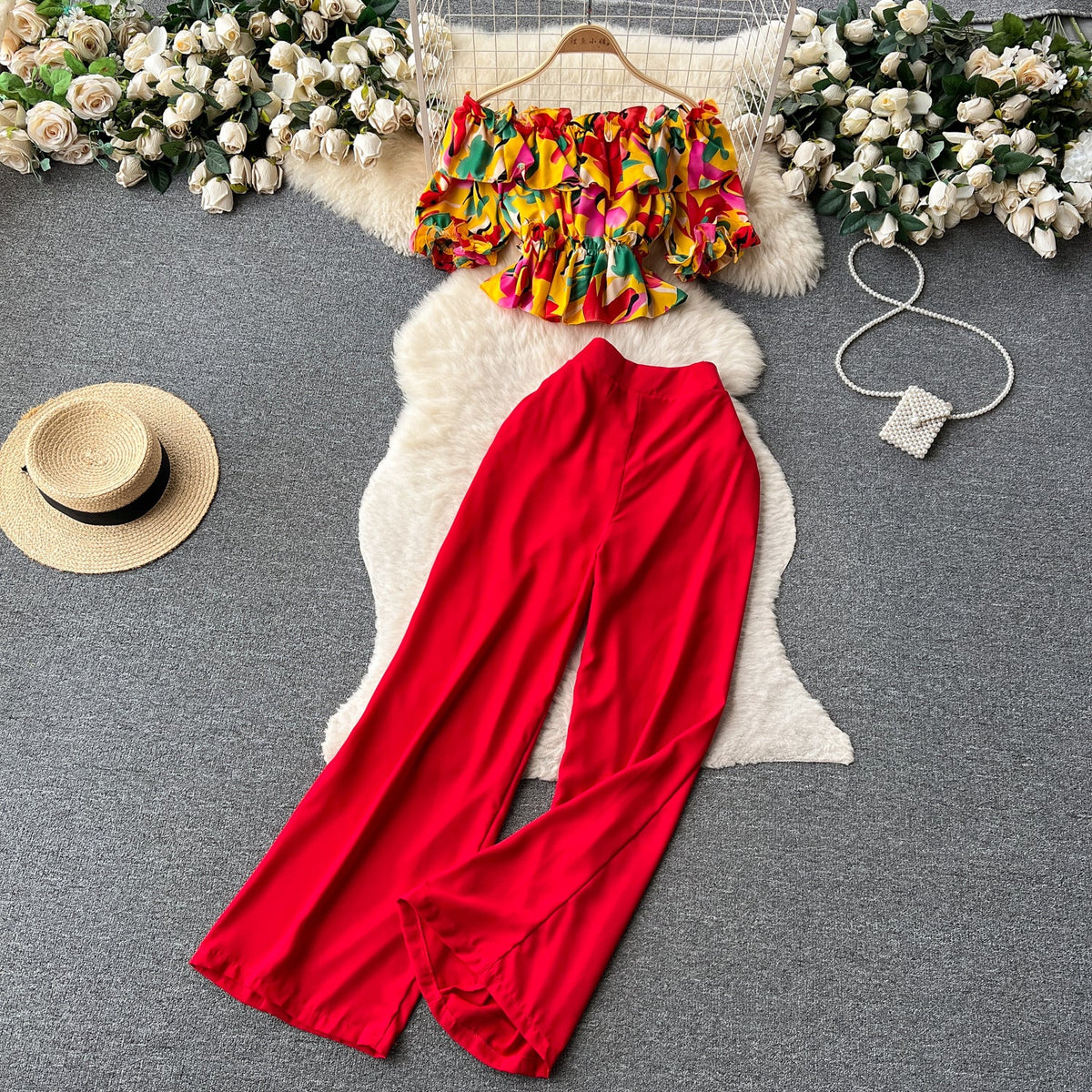 Ruffled Top&Long Trousers Floral 2Pcs