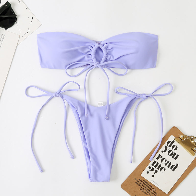 Solid Lace-up Hip-wrap Padded Bikini