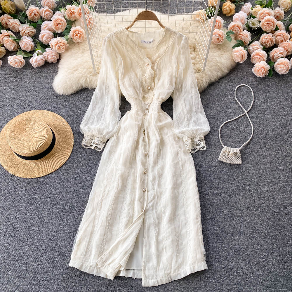 V-neck Single-breasted Long-sleeved Shirt Dress