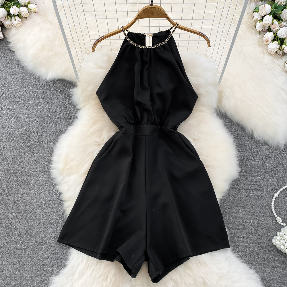 Solid Color Backless Wide-leg Jumpsuit