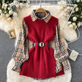 Two-piece Tartan Shirt Split Knit Vest