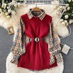 Two-piece Tartan Shirt Split Knit Vest