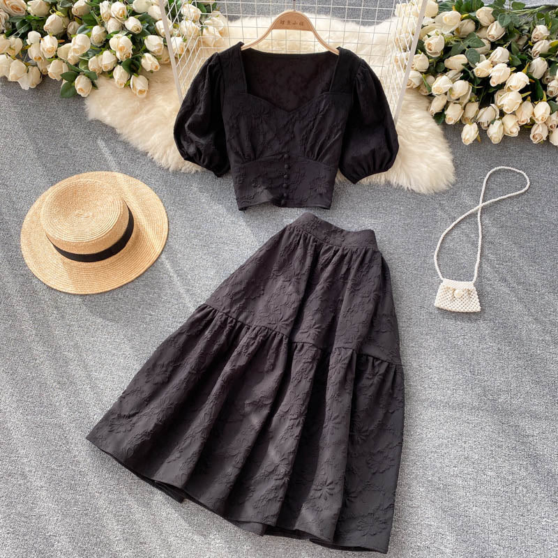 Two-piece Puff Sleeve Short Top And Skirt