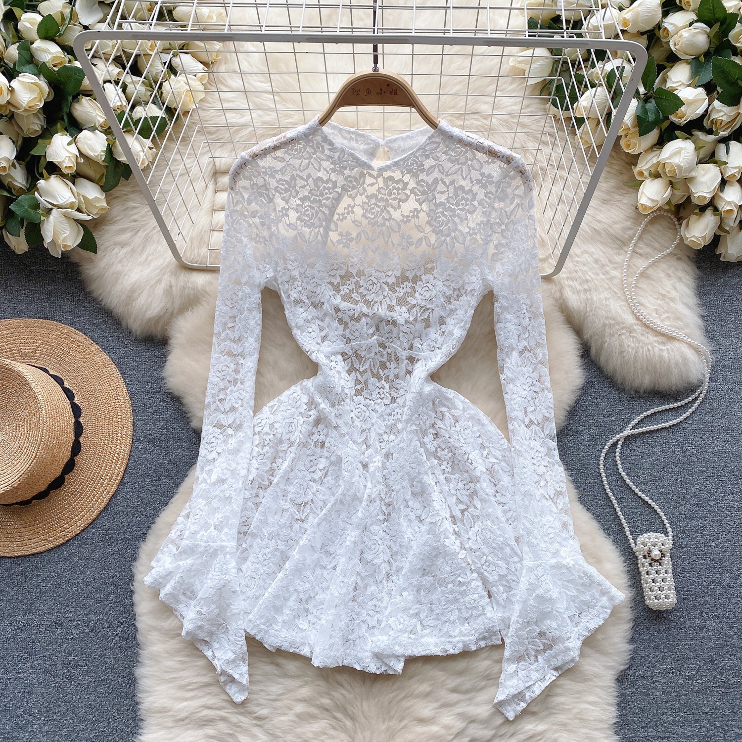 Fairy Hollowed Lace Flared Sleeve Dress