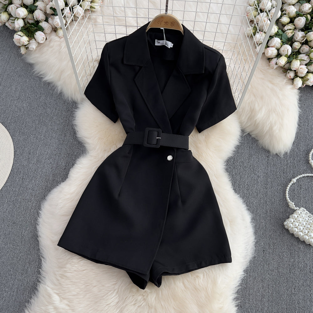 Chic Lapeled Short-sleeve Black Jumpsuit