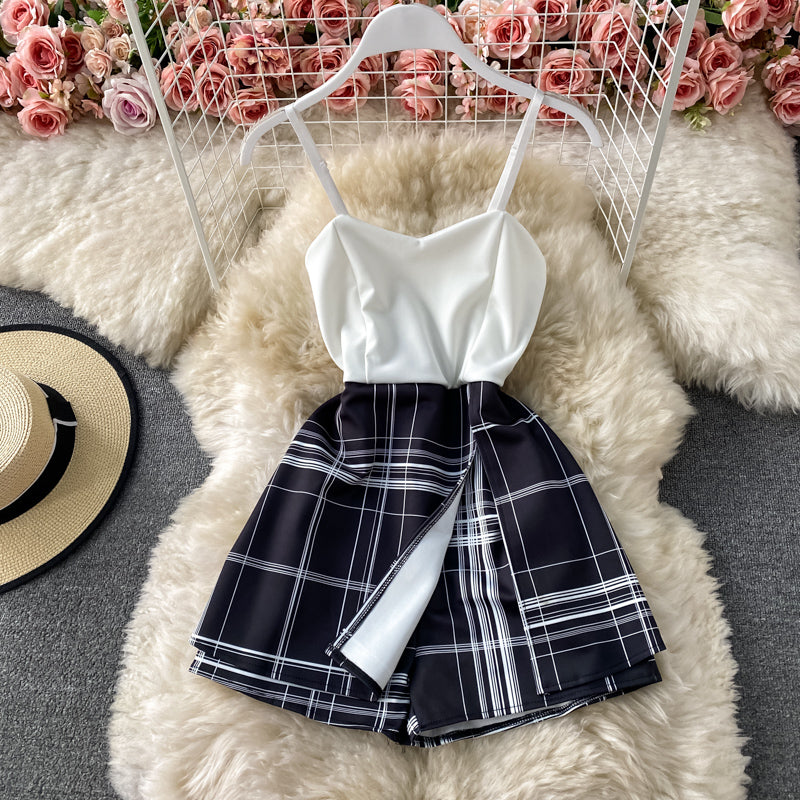Patchwork Plaid Fake Two-Piece Sling Jumpsuit