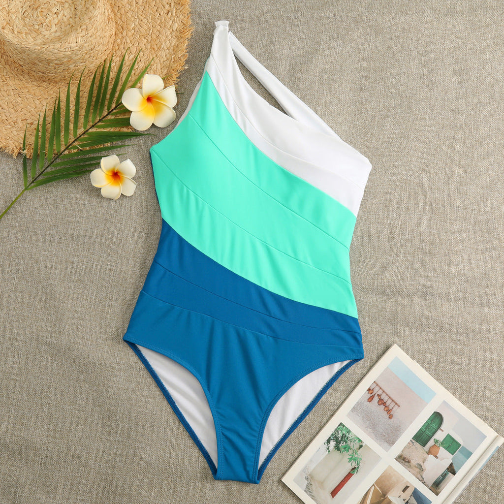 Color Blocking Pleated One-shoulder Onepiece