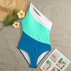 Color Blocking Pleated One-shoulder Onepiece