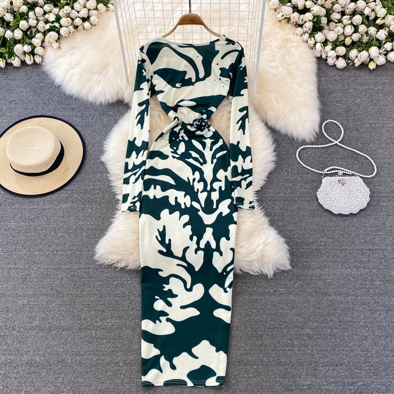 Backless Stretchy Long-sleeve Printed Dress