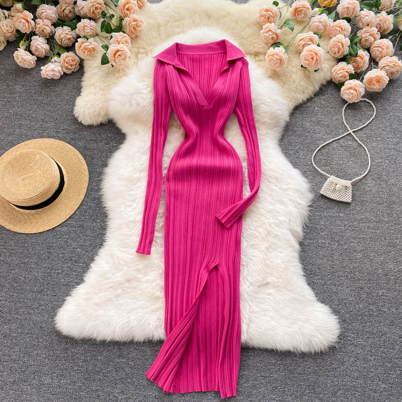 Knitted Long-sleeved Split Hip Skirt