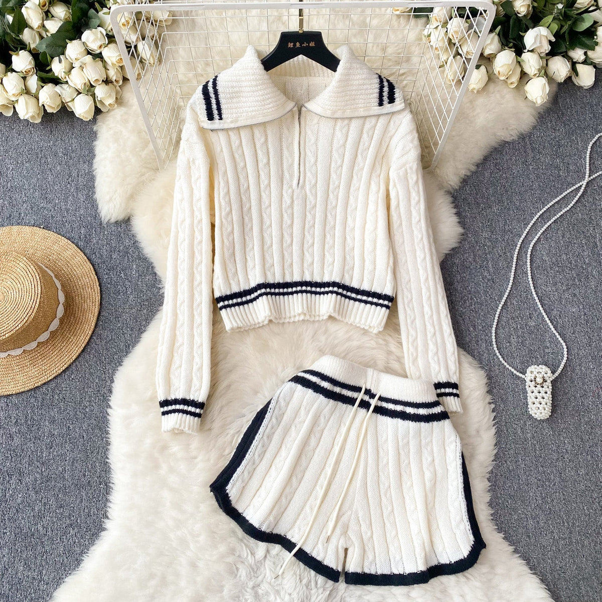 Lapeled Sweater&Shorts Knitted 2Pcs