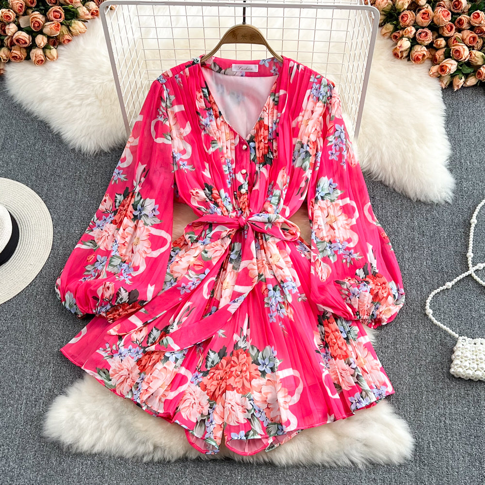 Neck Waist Print V-Neck Pleated Jumpsuit