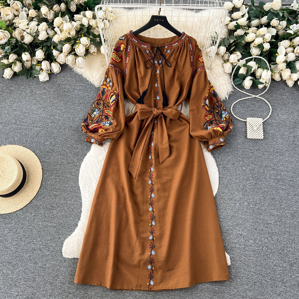 Bohemia Lace-up Embroidered Floral Dress