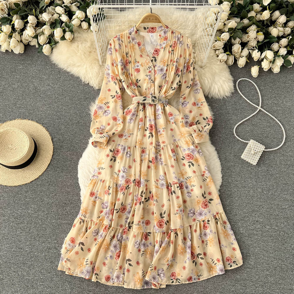 V-neck Chiffon Floral Long-sleeve Dress