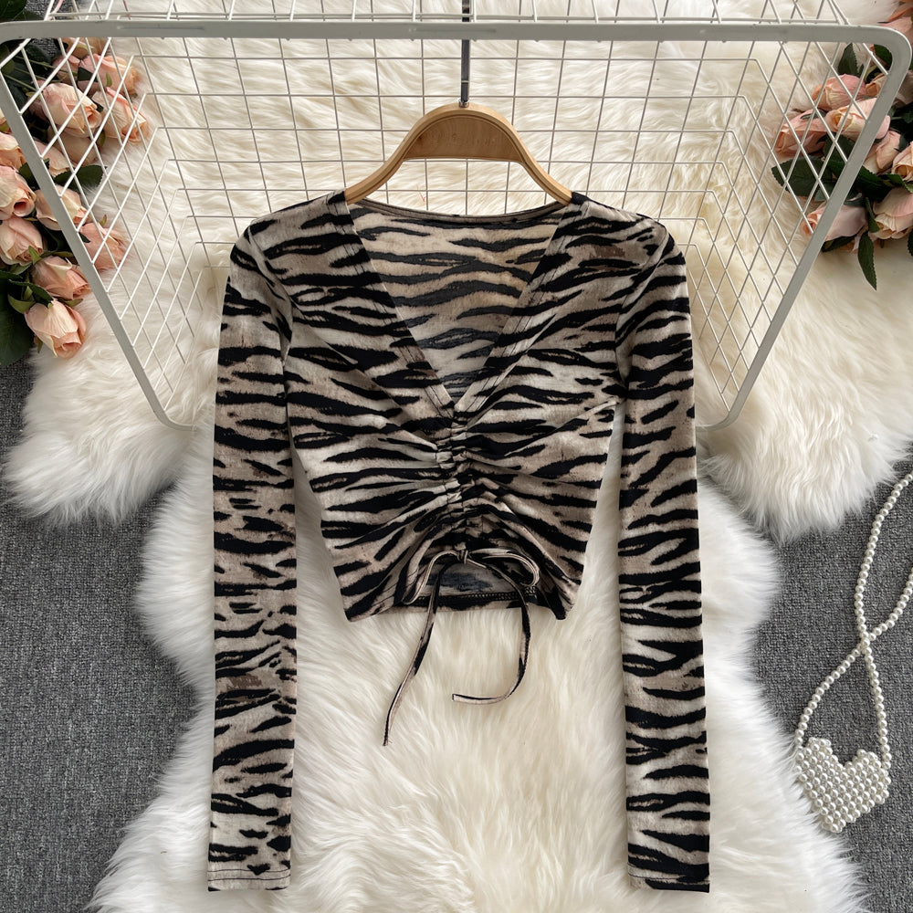 Leopard V-Neck Ruched Tie Long Sleeve T-Shirt