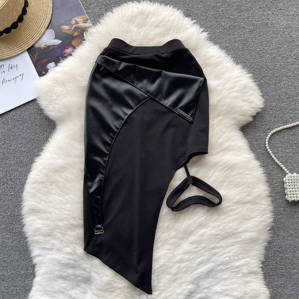 Irregular Split Pleated PU Skirt