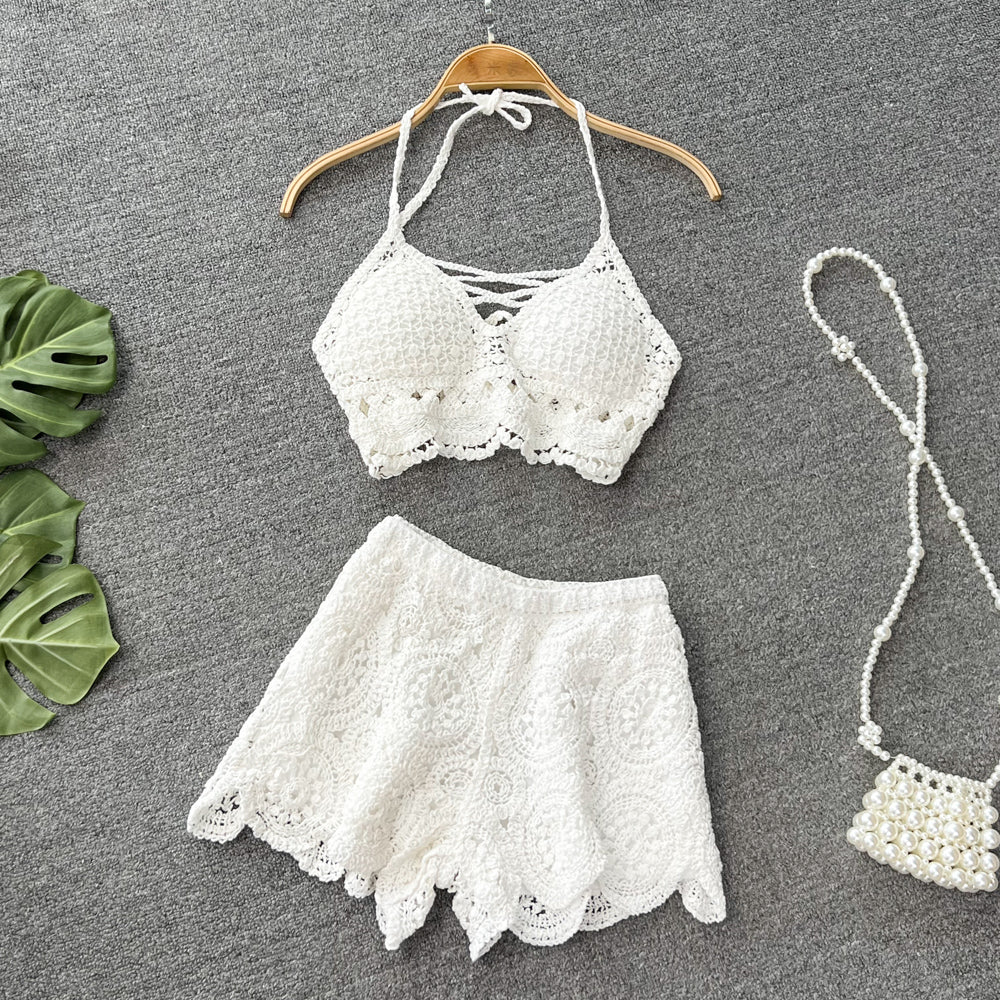 Knitted Halter Top& Wide-leg Shorts 2Pcs