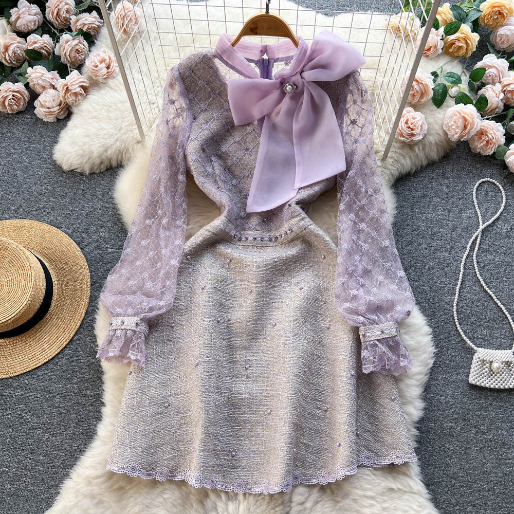 Beaded Embroidered Mesh Bow Dress
