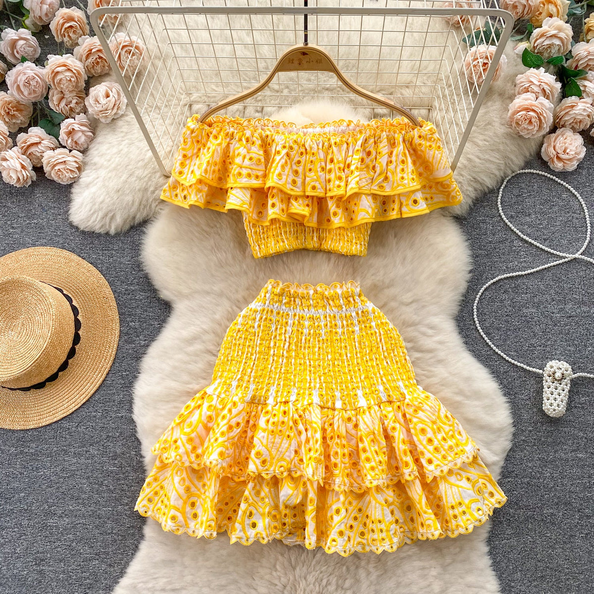 Ruffled Top&Skirt Hollowed Embroidered 2Pcs