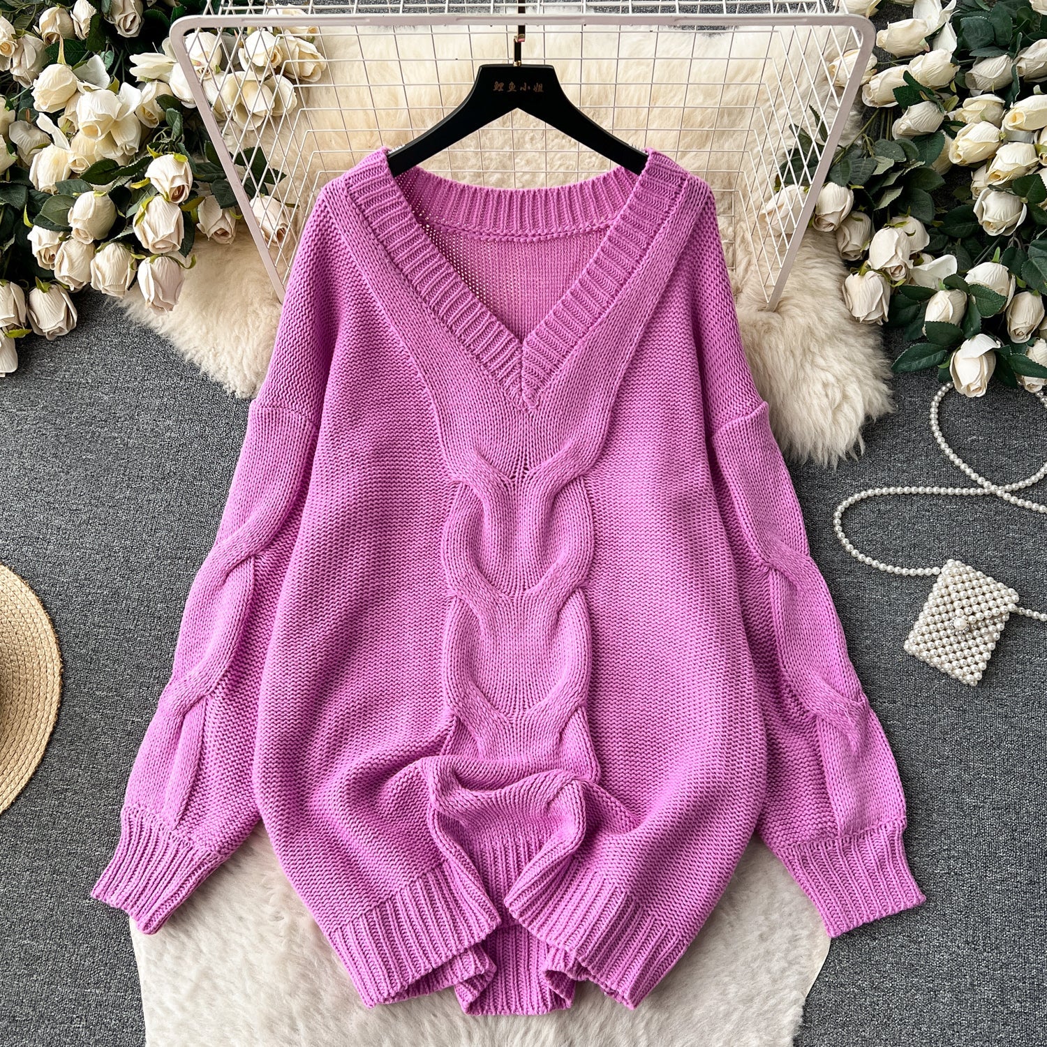 Purple Loose-fitting Long Sweater