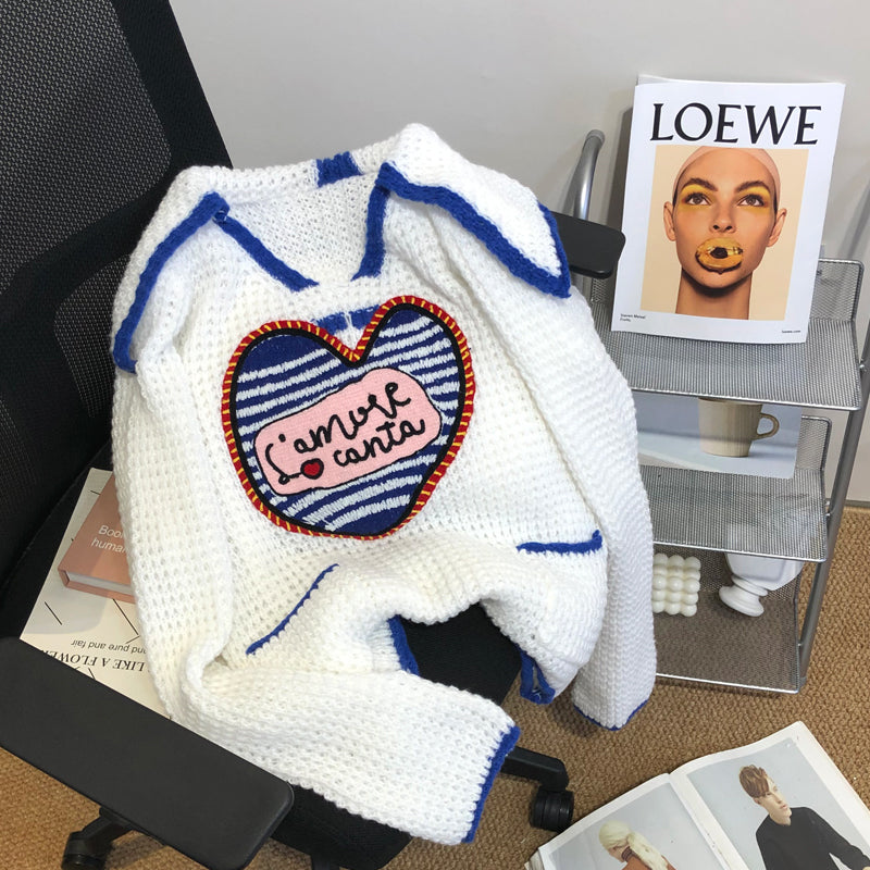 Navy Collar Heart Pattern Knitted Sweater
