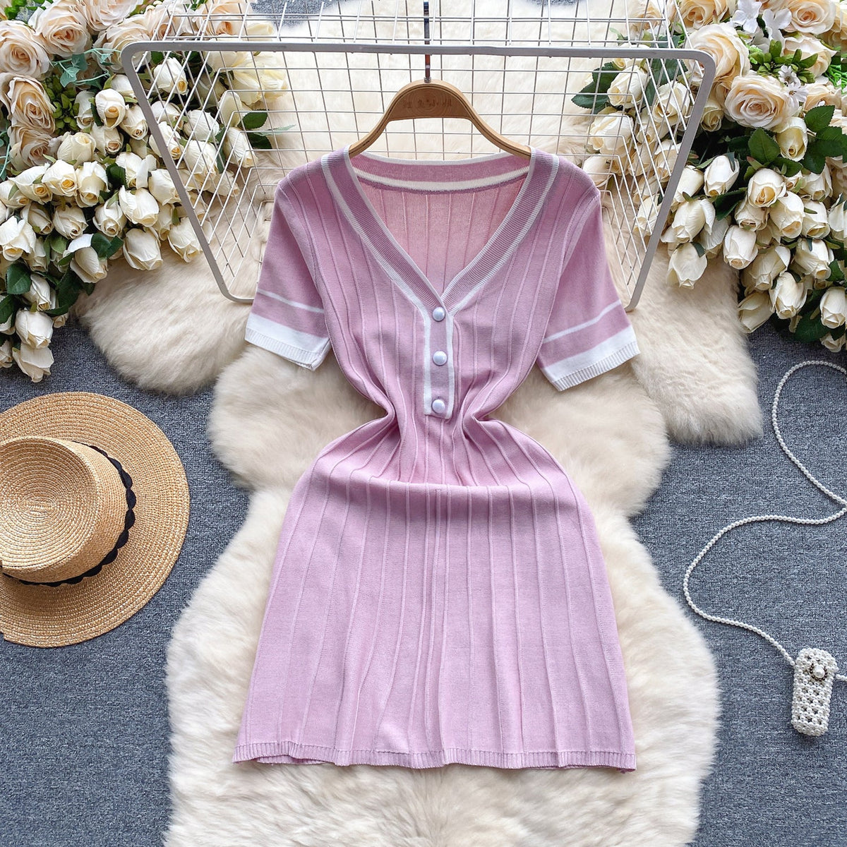 Candy Color V-neck Knitted Dress