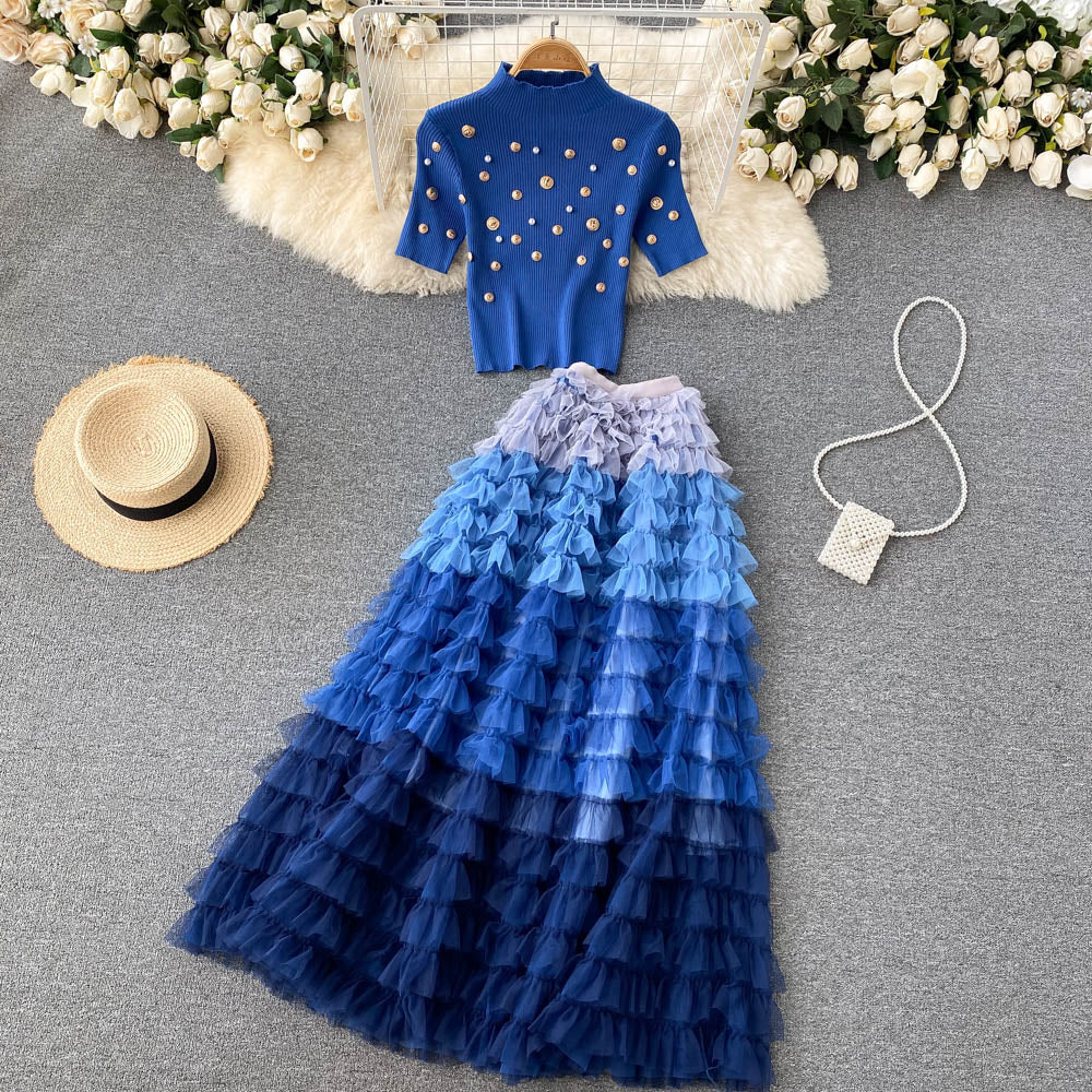 Knitted Top & Mesh Skirt Two-piece Suit