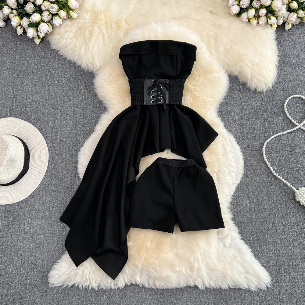 Asymmetric Top&Shorts Black 2Pcs