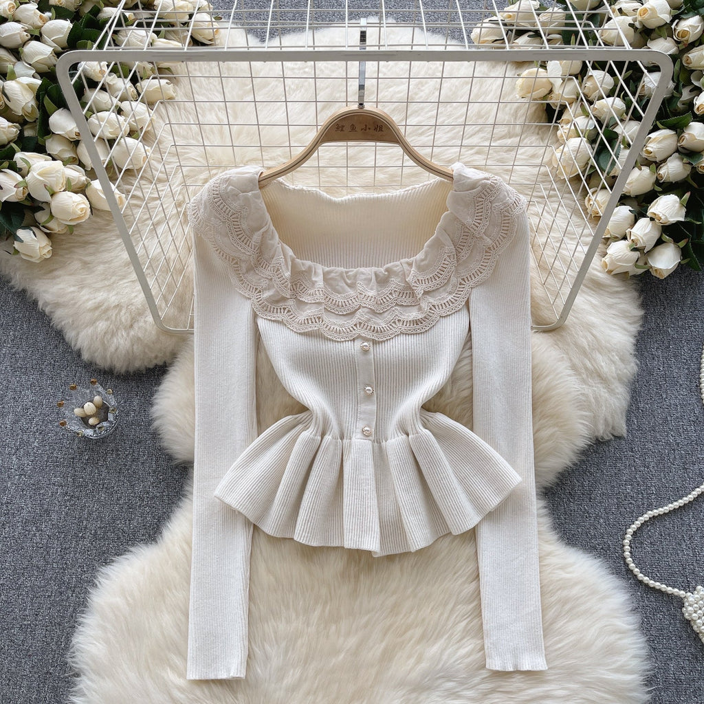 Sweetie Lace Patchwork Ruffled Knitwear