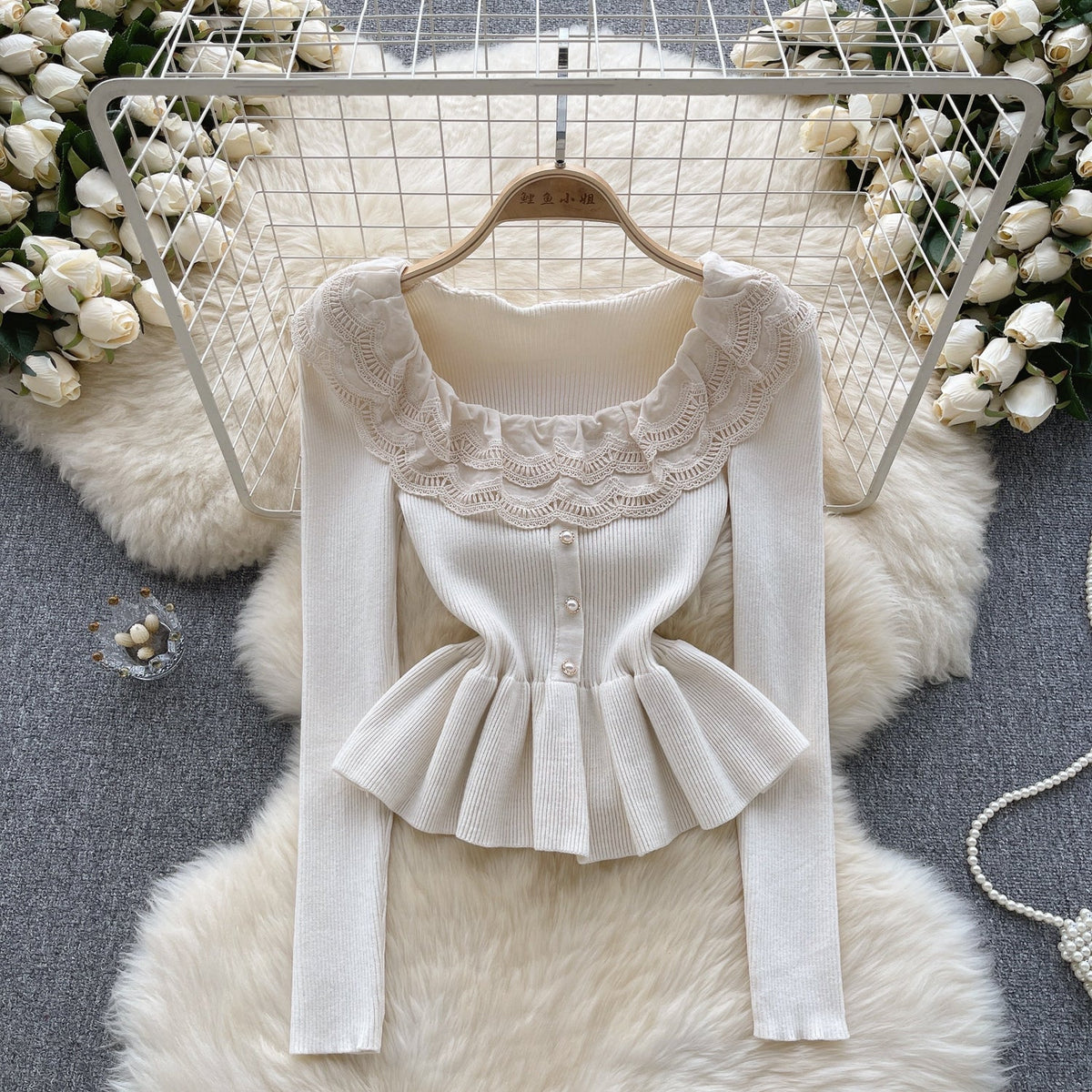Sweetie Lace Patchwork Ruffled Knitwear