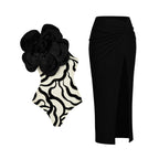 Black&White Striped One-piece Swimwear&Skirt 2Pcs