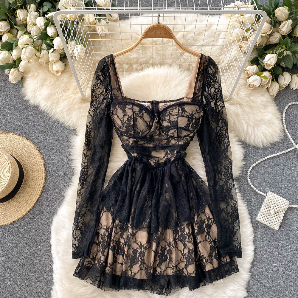 V-neck Lace High Waist Long Sleeve Dress