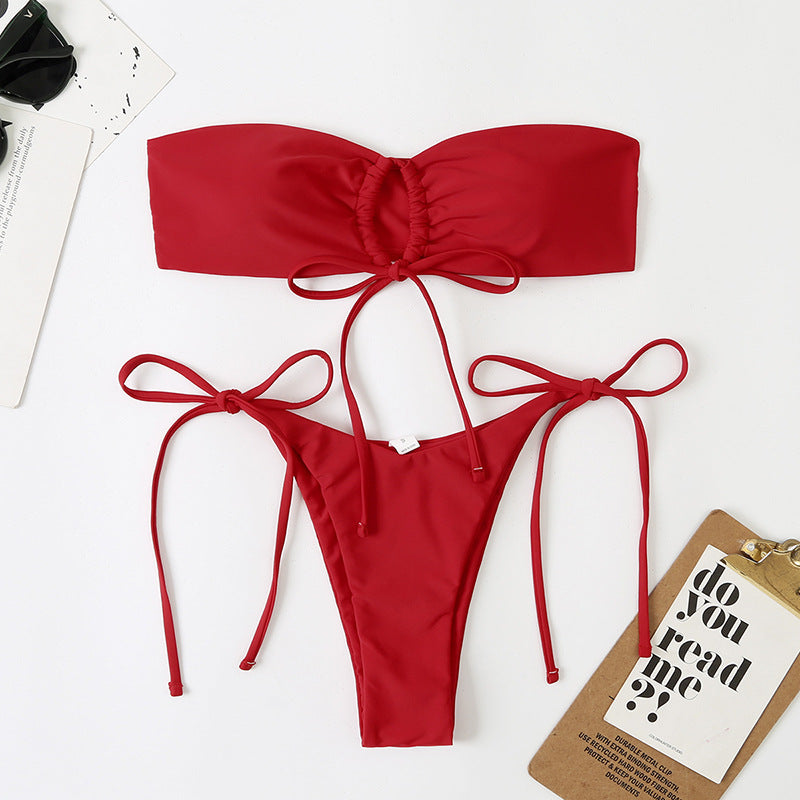 Solid Color Pleated Lace-up Bikini