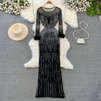 Crew Neck Rhinestone Studded Mesh Dress