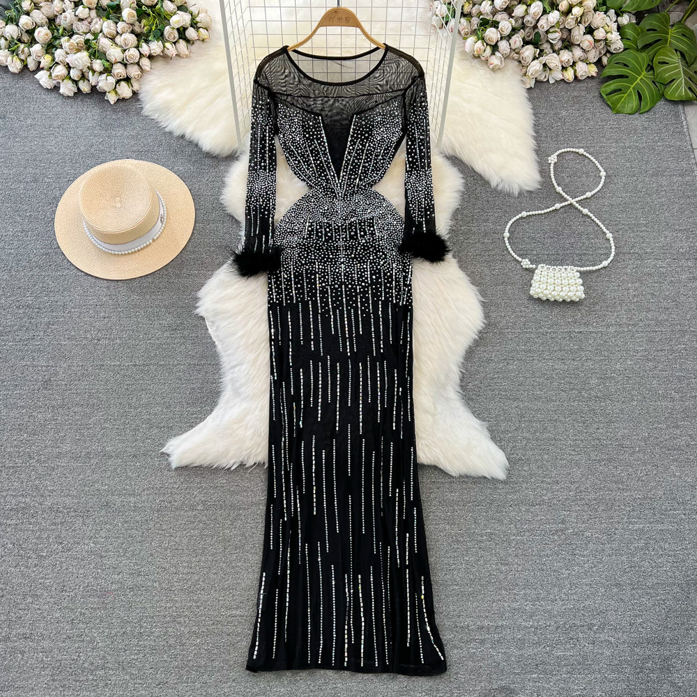 Crew Neck Rhinestone Studded Mesh Dress