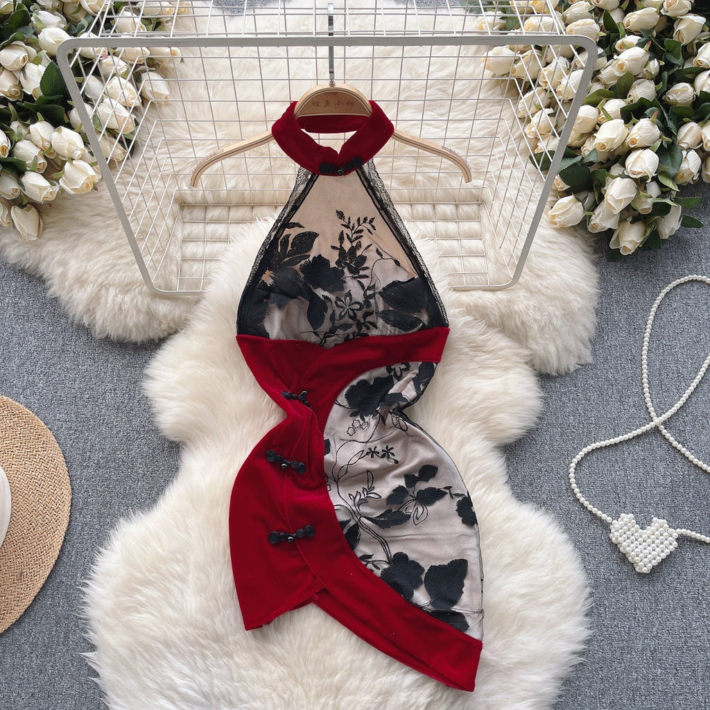 Floral Embroidery Mesh Cheongsam Dress