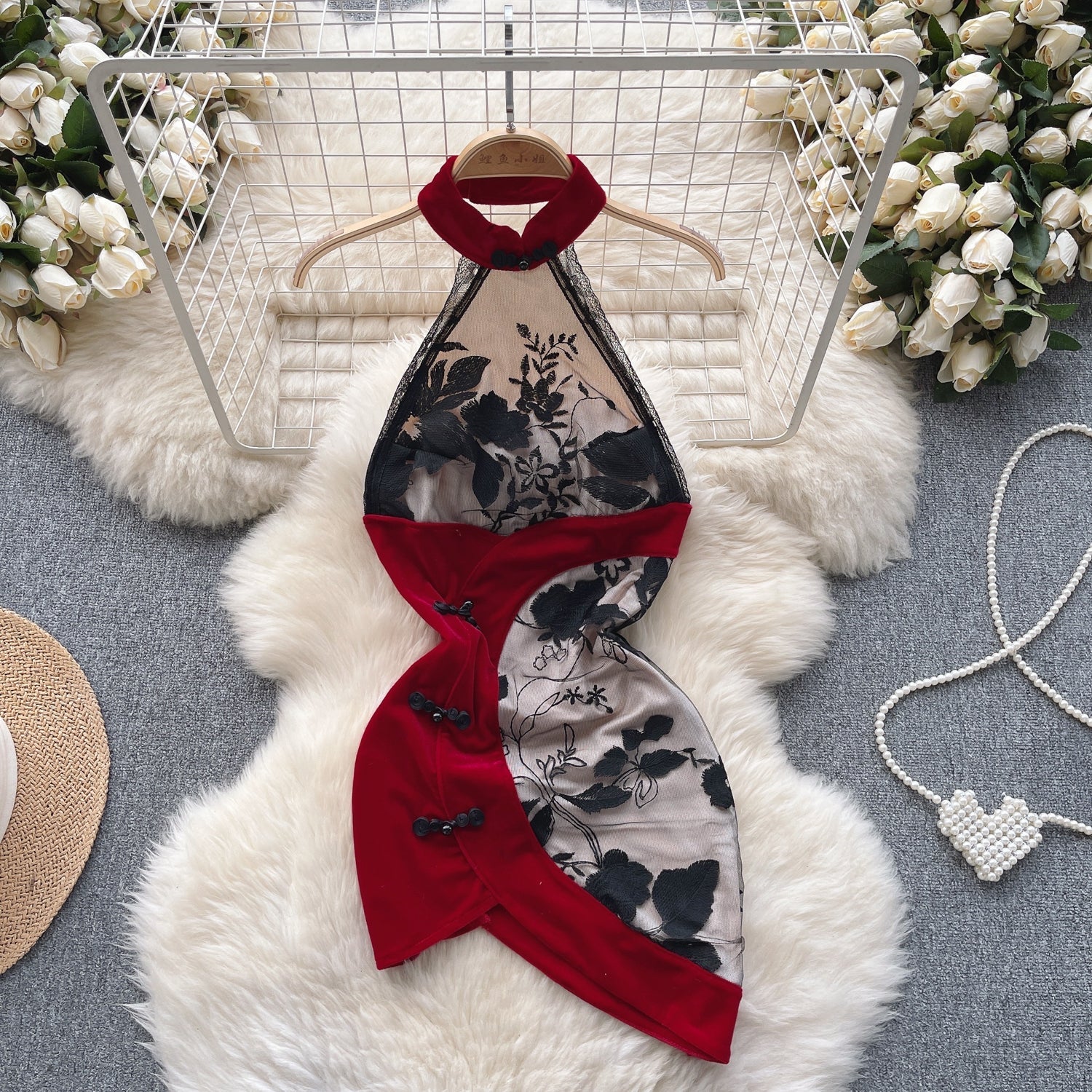 Floral Embroidery Mesh Cheongsam Dress