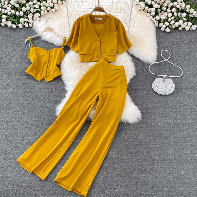 Camisole Short V-Neck Shirt Jacket Long Pants Three Piece