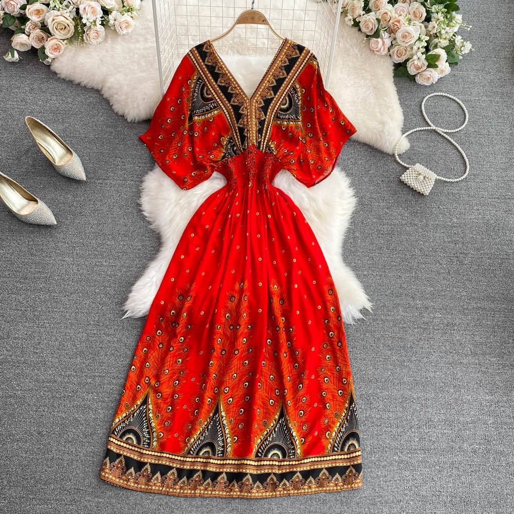 V-neck Batwing Sleeve A-line Maxi Dress