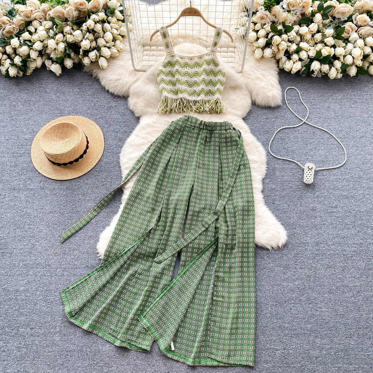 Bohemia Cardigan&Trousers Waven Knitted 2Pcs