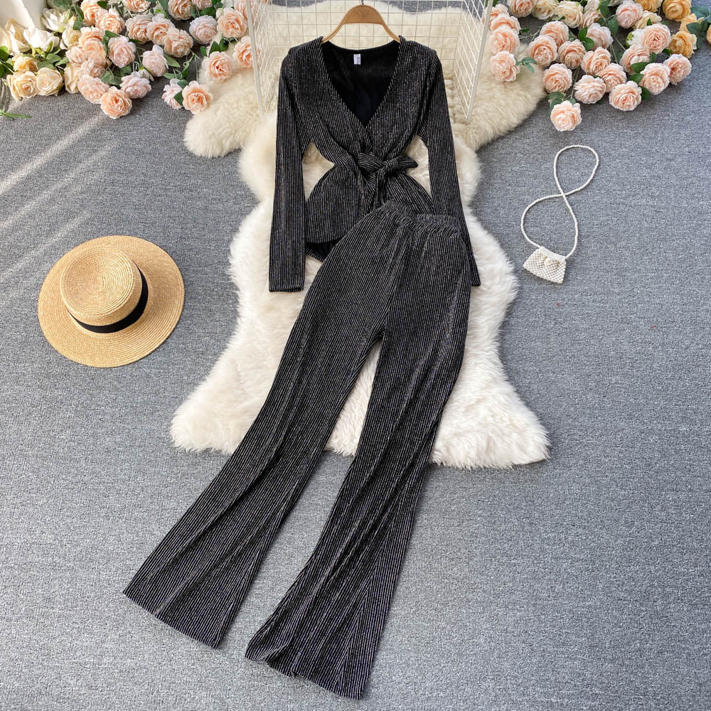 Pit-striped Lace-up Cardigan&Trousers 2Pcs