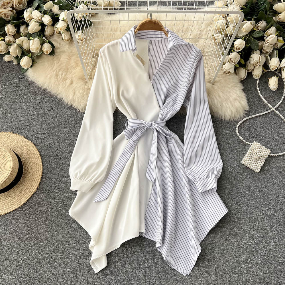 Colorblock Striped Lapel Tie Waist Shirt