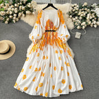 Floral Printed High-waist Pleated Dress