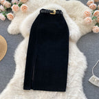Slit Half Height Waist Slim Bag Hip A-line Skirt