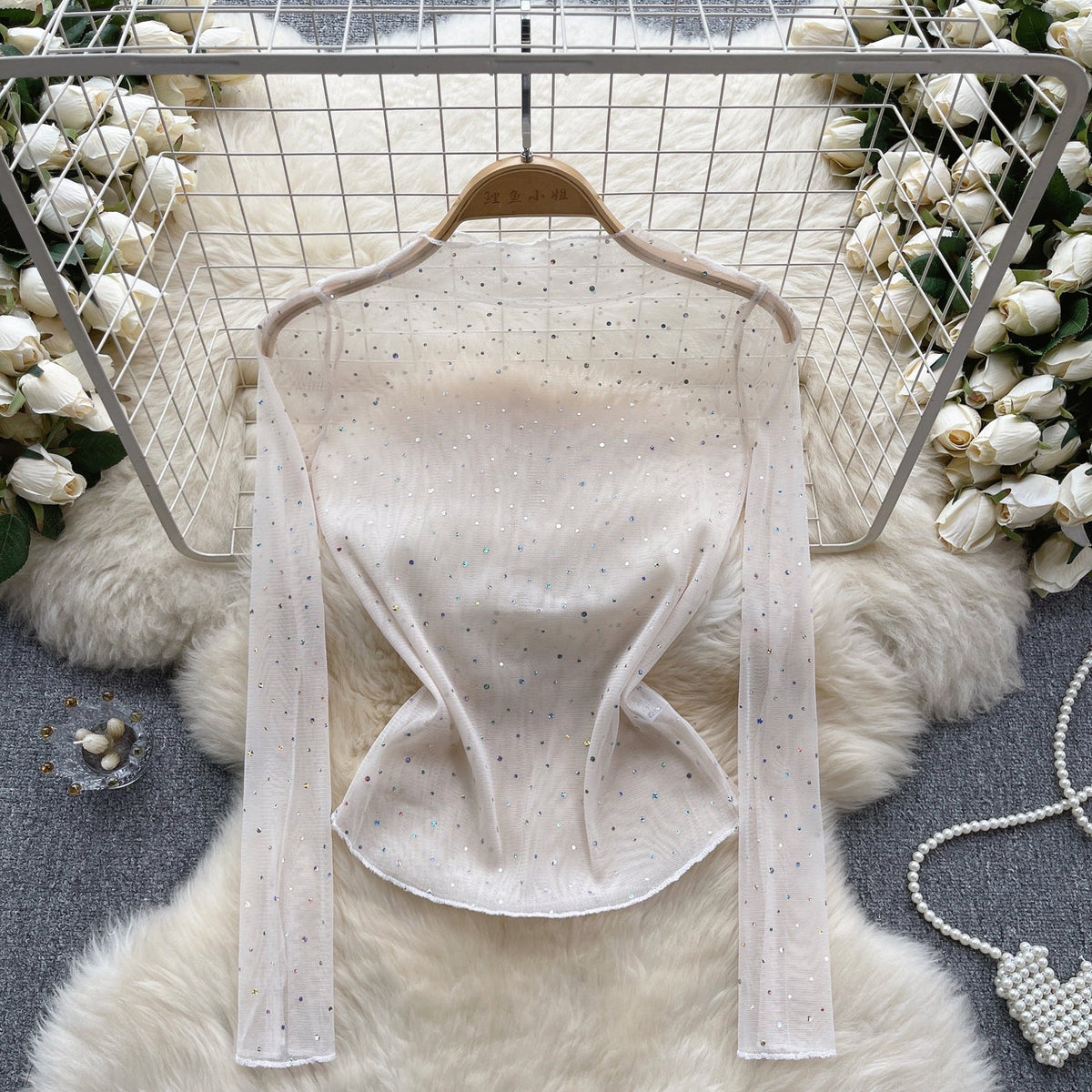 Rhinestone Studded See-through Bottoming Top